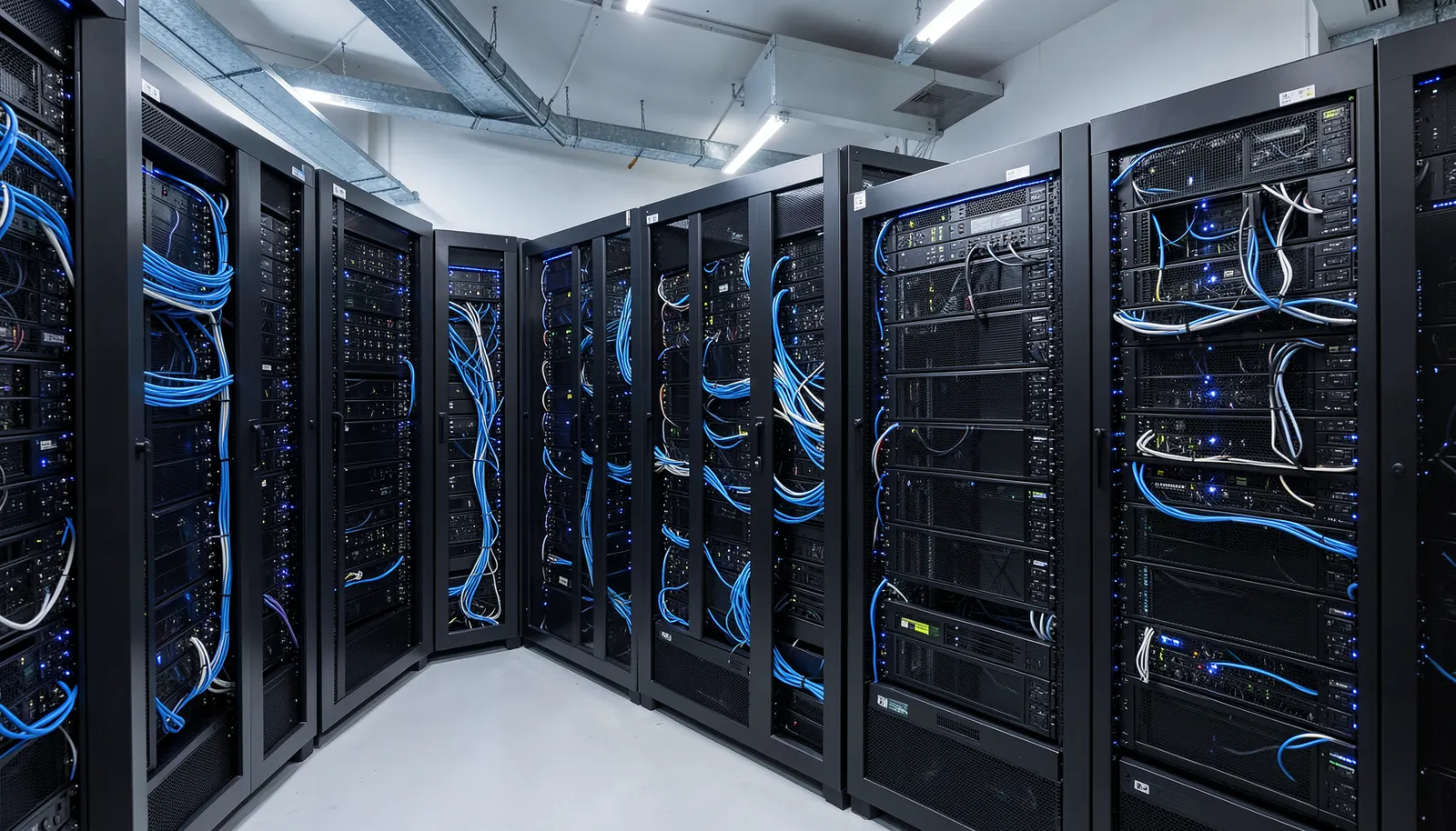 Professioneller Serverraum mit organisierten Rack-Systemen und Netzwerkinfrastruktur